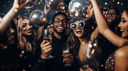 Group of smiling multiracial people women and men in evening wear having fun together in night club on new years eve holding disco balls surrounded by flying confetti.