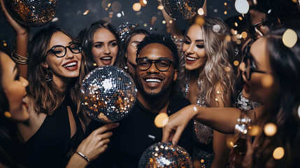 Group of smiling multiracial people women and men in evening wear having fun together in night club on new years eve holding disco balls surrounded by flying confetti.