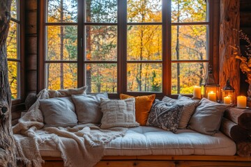 Cozy autumn interior with a wooden sofa, glowing candles, and a view of a colorful forest outside large windows