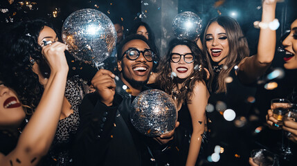 Group of smiling multiracial people women and men in evening wear having fun together in night club on new years eve holding disco balls surrounded by flying confetti.