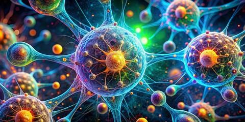 An Abstract Illustration of a Network of Interconnected Cells, Glowing with Vibrant Colors and Intricate Details, Representing the Complexity of Biological Systems
