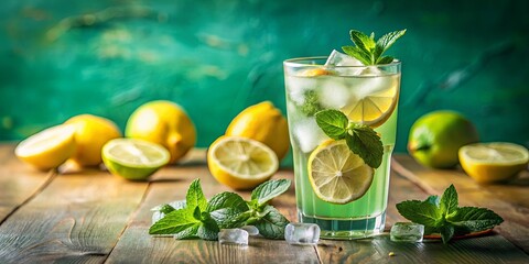 Fototapeta premium A refreshing glass of lemonade with fresh mint and ice on a rustic wooden table