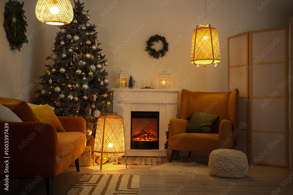 Canvas Prints Interior of living room with fireplace, Christmas tree and glowing lamps in evening