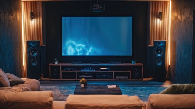 Show a high-tech home theater setup with a large screen, surround sound, and smart controls, providing an immersive entertainment 