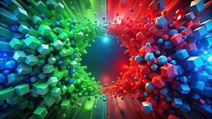 Obraz premium A vibrant abstract composition featuring a dynamic clash of opposing color palettes, with a central void and a swirling effect creating a sense of motion and energy.