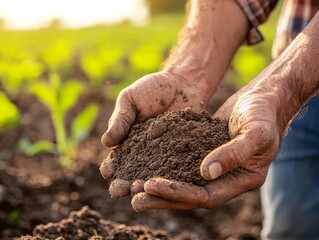 Farmer holding soil in hands close-up. Male hands touching soil on the field  - ai