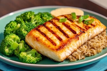 A clean eating lunch of grilled fish with a side of steamed broccoli and brown rice, plated in a minimalist style
