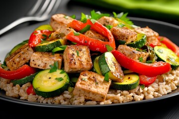 Fototapeta premium A clean eating stir-fry dish with tofu, bell peppers, and zucchini, served over a small portion of brown rice, lightly seasoned with herbs