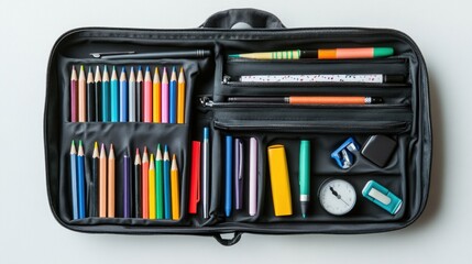 Show a pencil case laid open with a variety of pens, pencils, and other stationery items organized in compartments for easy access