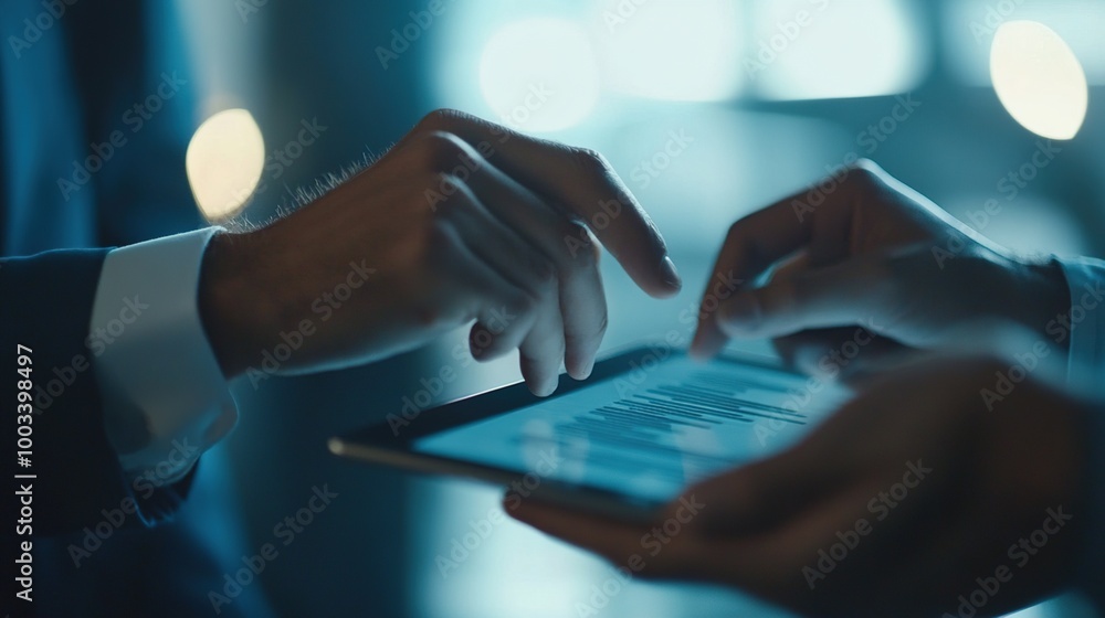 Poster hands interacting with tablet screen in business setting