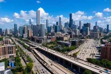 A downtown skyline with towering skyscrapers and busy streets below, showcasing the energy and density of urban life