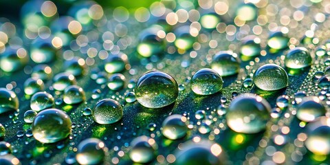 A captivating macro photograph of glistening water droplets scattered across a vibrant green surface, capturing the intricate play of light and reflection.