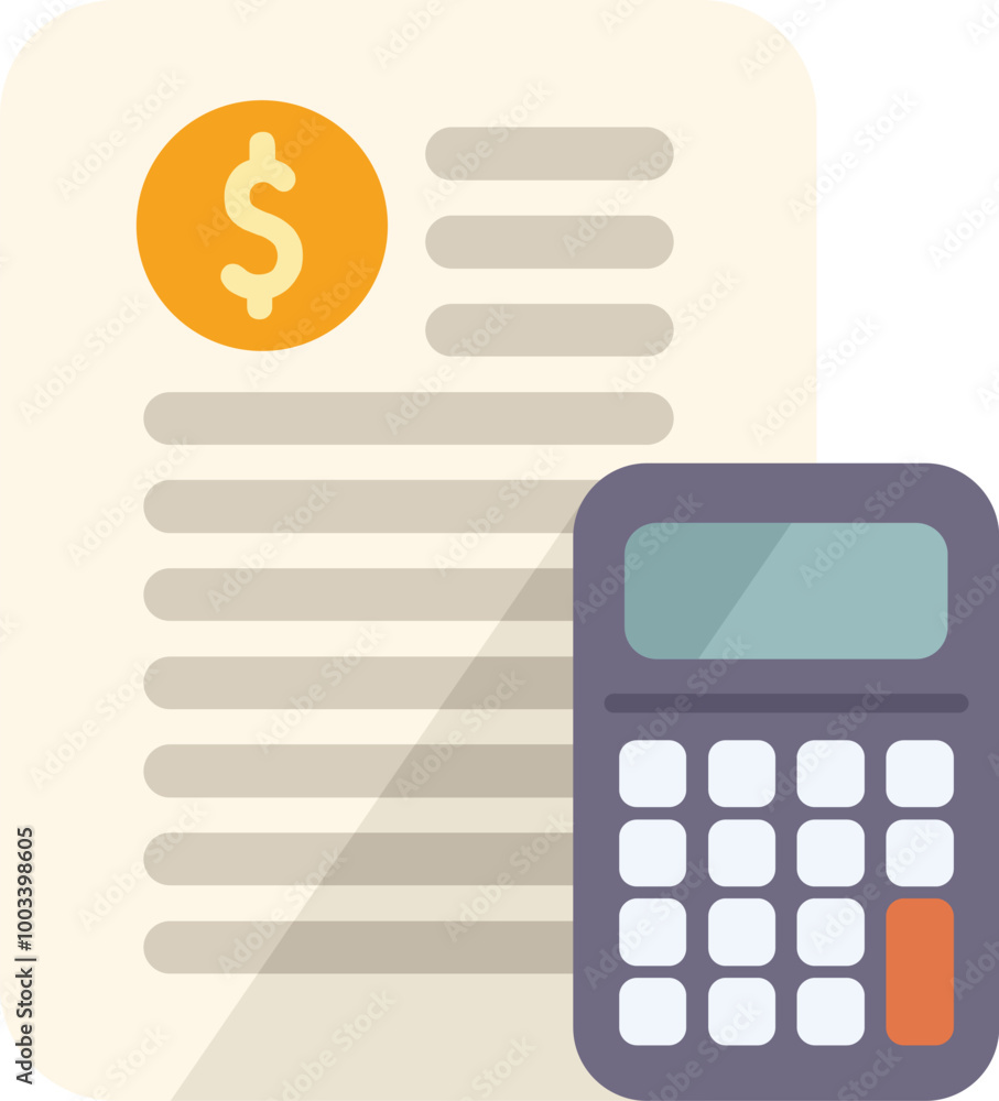 Poster calculator calculating invoice costs with dollar symbol in flat design style