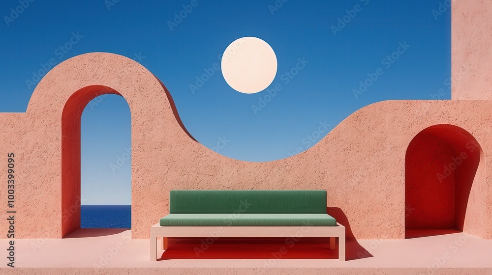 Poster minimalist modern patio with archway ocean view and circular window