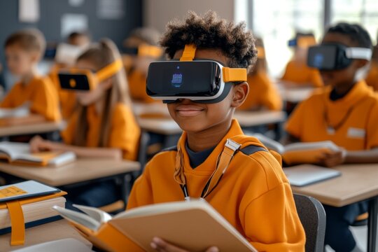 A futuristic classroom where tomorrowâ€™s technology enhances learning, with students using VR headsets, digital textbooks, and AI-driven tutoring systems