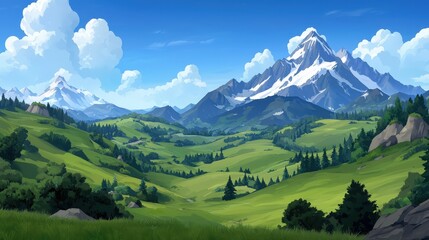 Fototapeta premium Stunning Mountain Landscape with Lush Green Valley and Snow capped Peaks