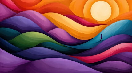 Abstract Colorful Landscape with Solitary Figure Walking Towards Sunset