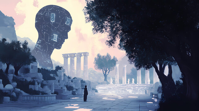 A cybernetic greek agora, blending philosophy and artificial intelligence under digital olive trees. Greek Agora. Illustration