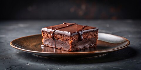 A single square of decadent chocolate cake, drizzled with rich, dark chocolate, rests on a rustic brown plate, a tempting treat for any chocolate lover.