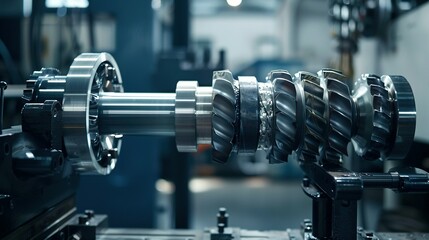 Close-up of a metallic gear shaft secured in a metal clamp