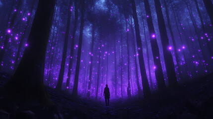 A fantasy faerie forest with purple lights and a lone wanderer. Fae. Illustration