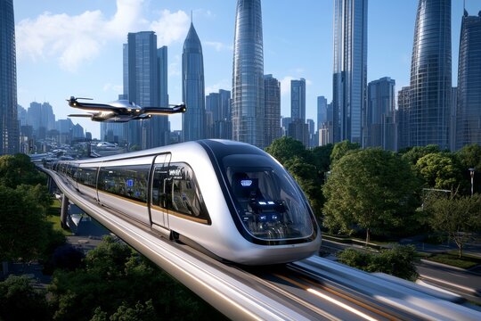 A futuristic urban transportation hub, where hyperloop systems, electric air taxis, and autonomous vehicles connect seamlessly through tomorrow&acirc;&euro;&trade;s technology
