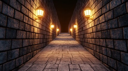 Obraz premium Dark Stone Pathway with Glowing Lanterns Medieval Castle Corridor