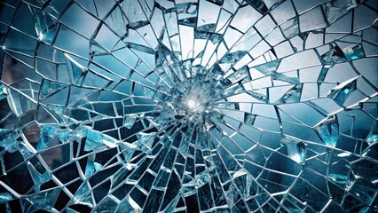 The intricate pattern of shattered glass reflects a sky filled with light and a sense of vulnerability.