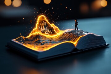 A glowing, enchanted photo album, where each picture magically comes to life, allowing characters to step into their memories of yesterday