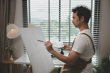 an artist is sitting in his own painting studio with his various painting tools, which is canvas,...
