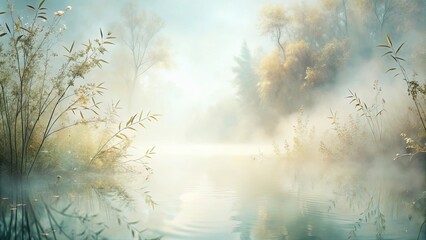 A Misty Morning on a Serene Lake with Reflections of Golden Trees and Delicate Grasses