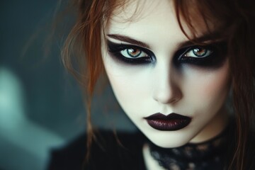 Fototapeta premium A portrait of a young woman with striking makeup and a mysterious expression, showcasing bold colors against a softly blurred background