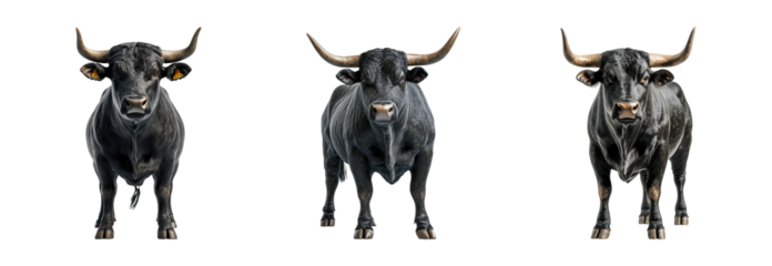 Three black bulls with horns on transparent background