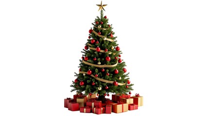 Christmas tree with decoration of lights and bulbs and star, gifts, isolated on white background