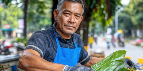 Street Food Vendor in Asia Holding Banana Leaf