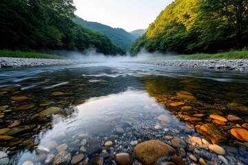 A slow-moving river in the early morning, with mist rising from the surface and the first rays of sunlight illuminating the surrounding trees