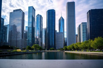 Obraz premium A sleek urban downtown at twilight, where city lights begin to glow, and the sky turns shades of pink and purple behind the skyscrapers