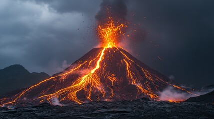 A dramatic depiction of a volcanic eruption amidst a fierce storm, showcasing molten lava springing from the crater, surrounded by dark storm clouds and flashes of lightning. 