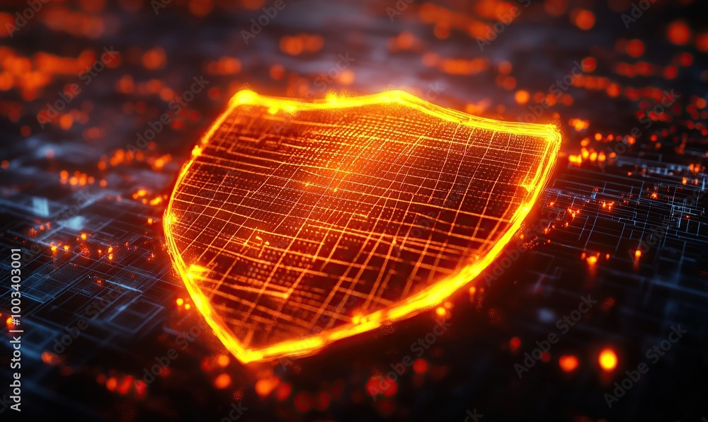 Poster a glowing orange shield icon with a digital grid pattern on a dark background