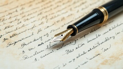 A close-up of a fountain pen resting on handwritten notes, showcasing elegant calligraphy against a textured background.