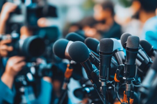 Journalists gather around multiple microphones at a press event in a bustling outdoor location during daylight