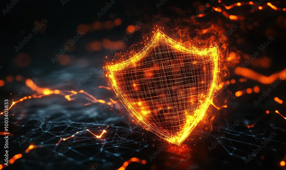 Poster a glowing orange shield icon with a digital grid pattern on a dark background.