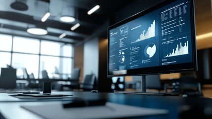 A modern office environment featuring a computer monitor displaying various data visualizations and graphs.