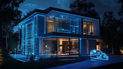 Modern smart home with blue digital overlay at night.