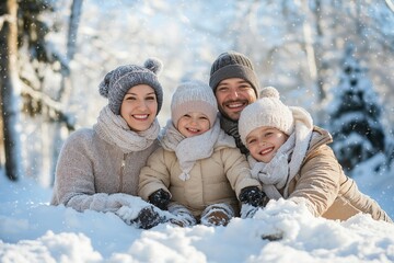 Obraz premium A joyful family enjoys a winter day in the snow, bundled in warm clothing and sharing smiles in a snowy forest