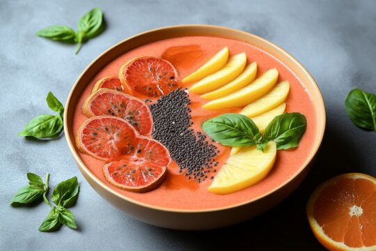 Minimalist smoothie bowl design for clean eating, using bold, geometric shapes to represent fruit and seeds in a simple, abstract style