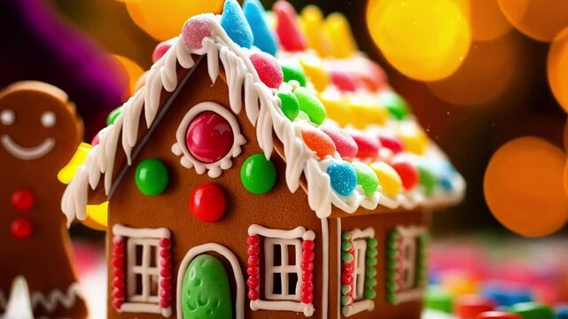 Gingerbread house standing on a table covered with colorful candy and a gingerbread man standing by, with christmas lights glowing in the background