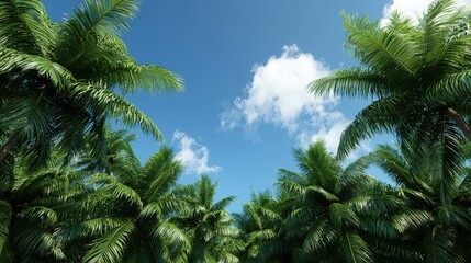 Fototapeta premium Lush Tropical Palm Trees Against a Blue Sky with White Clouds