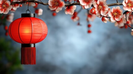 Red Chinese Lantern Hanging From Cherry Blossom Branch