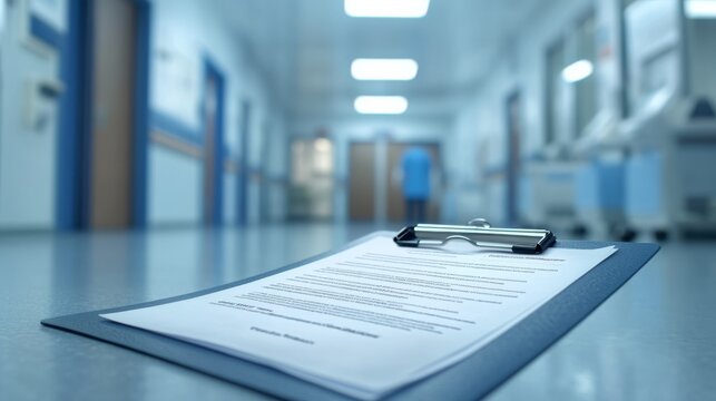 A close-up of a clipboard with a document on the floor of a hospital corridor, highlighting a clinical and administrative environment.